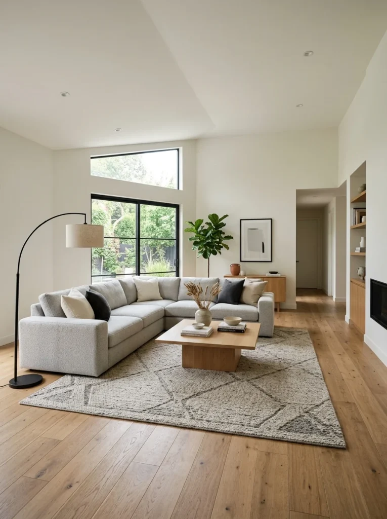 Sectional sofa defining a cozy seating area inside an irregular living room.