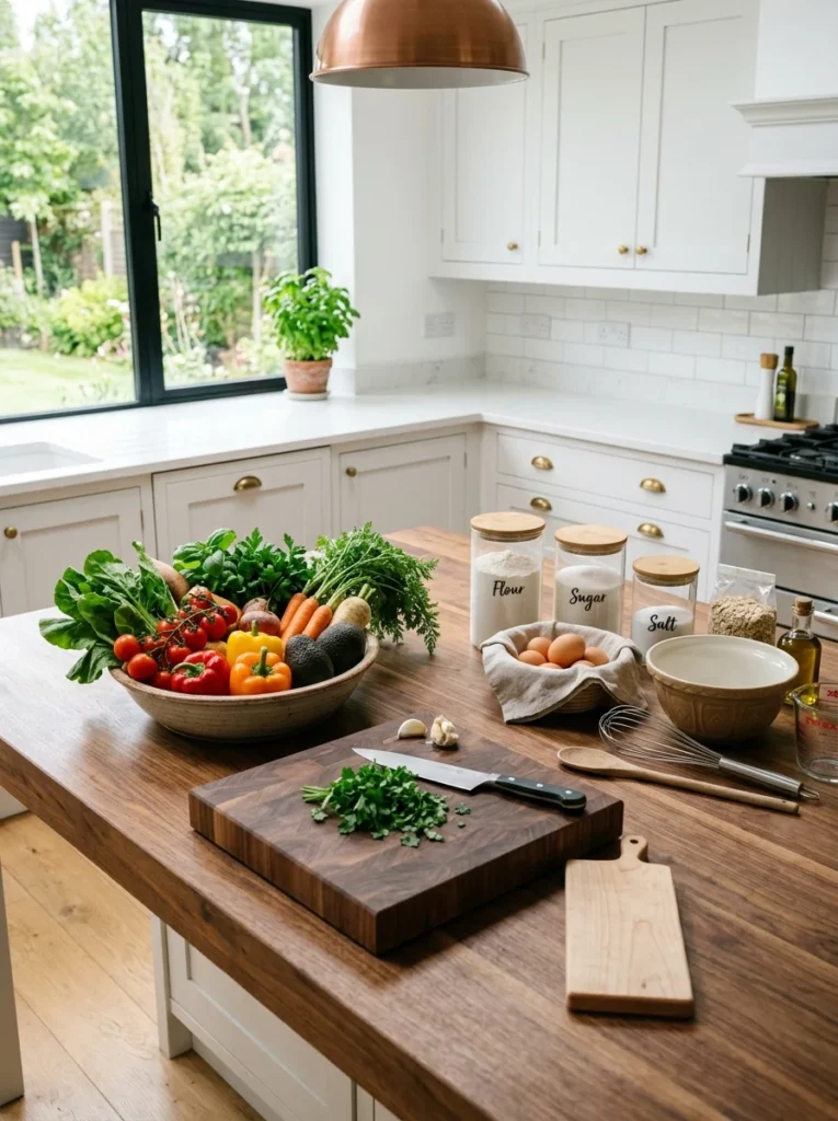 Spacious kitchen island with a large butcher block prep surface.