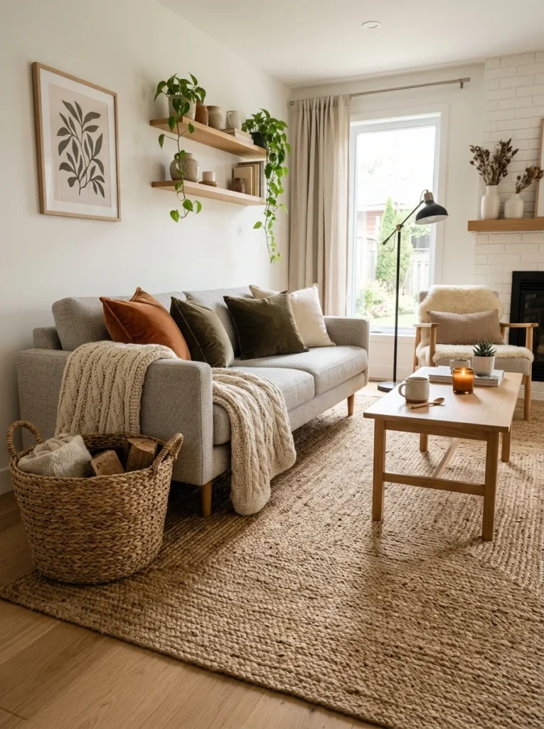 Living room featuring one dominant texture supported by smaller textured accessories.