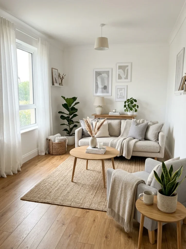 Neutral-colored rental living room designed to create a larger and brighter appearance.