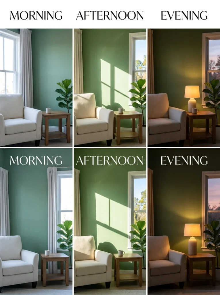 Living room paint sample viewed during morning afternoon and evening lighting.