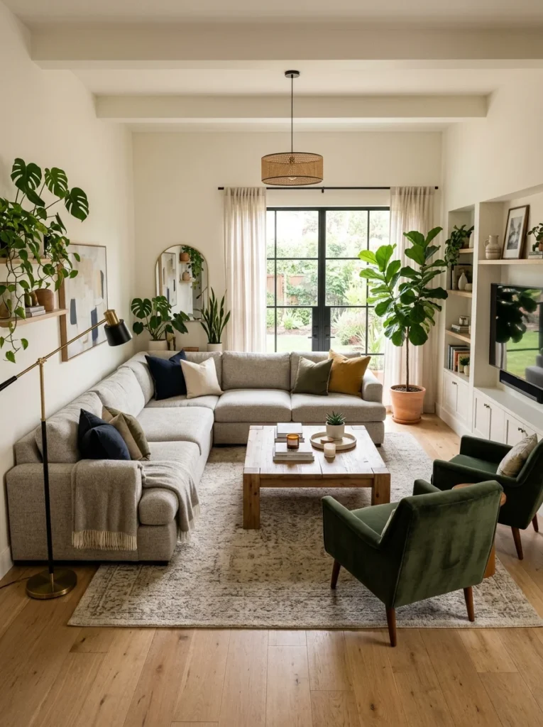L-shaped sectional sofa creating a functional seating arrangement inside an L-shaped living room.
