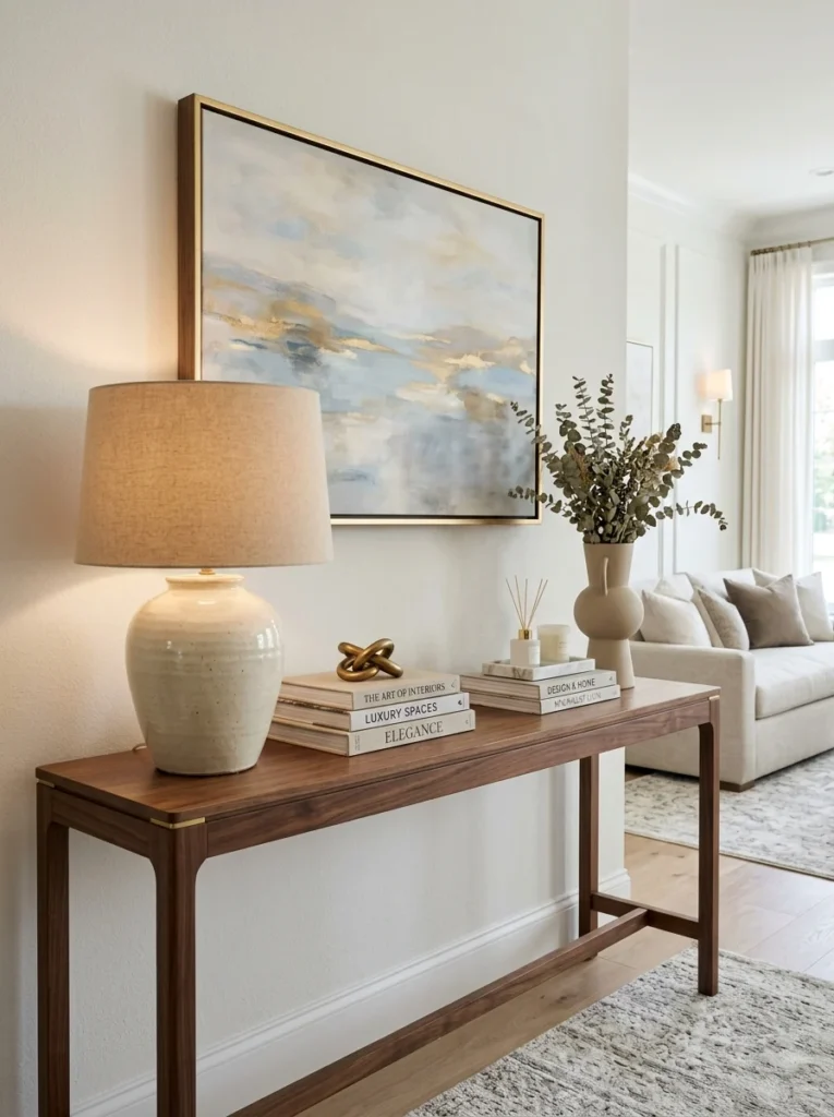 Console table anchored with a tall lamp and layered decor.