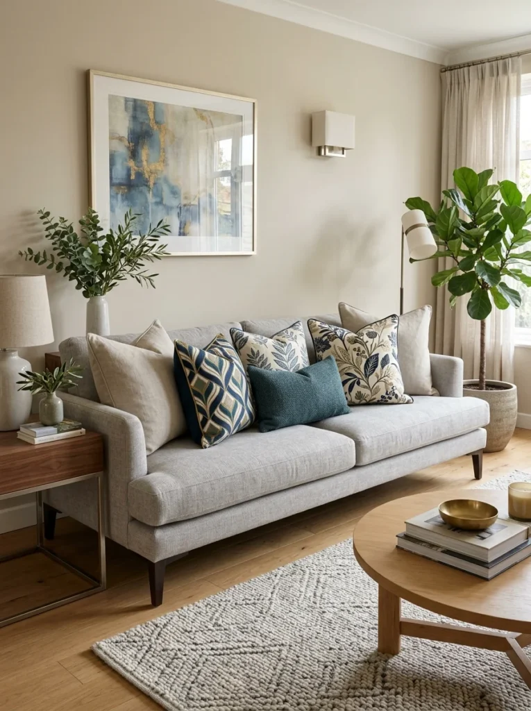 Sofa styled with patterned and solid throw pillows for balanced design.
