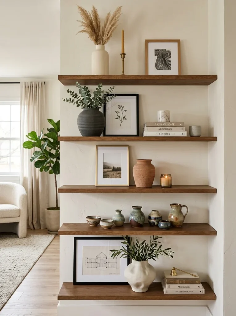 Decorative objects grouped in threes on modern living room open shelves.