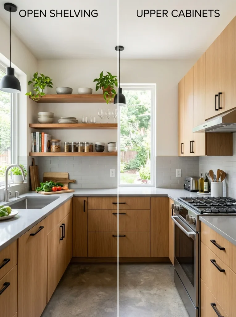 Kitchen comparison showing open shelving and upper cabinets for easy visual evaluation.