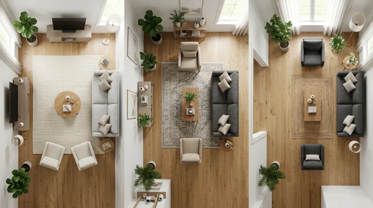 Three common ways to position furniture on a living room rug.