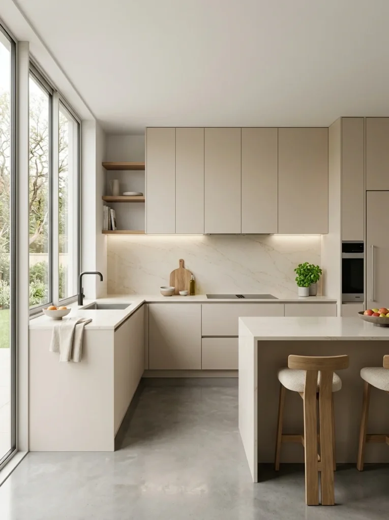 Full-height quartz slab backsplash creating a grout-free modern kitchen design.