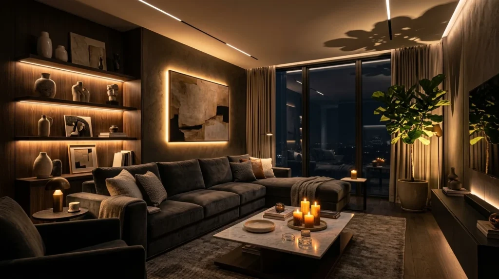 Accent lighting highlighting artwork, shelves, and plants to add depth and atmosphere.