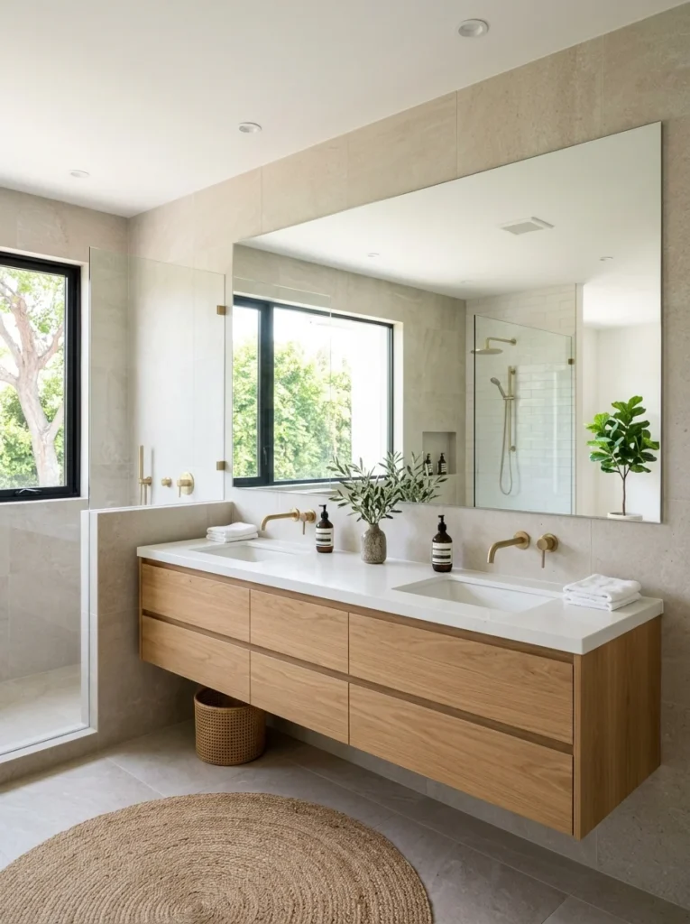 Oversized frameless mirror reflecting light to make a small bathroom feel larger.