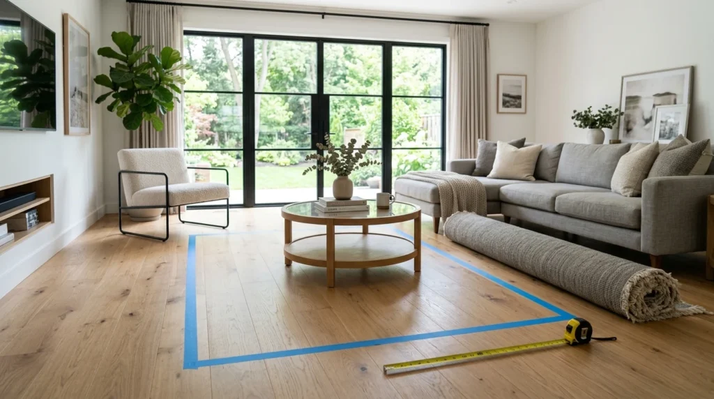 Using painter's tape to mark the future rug size in a living room.