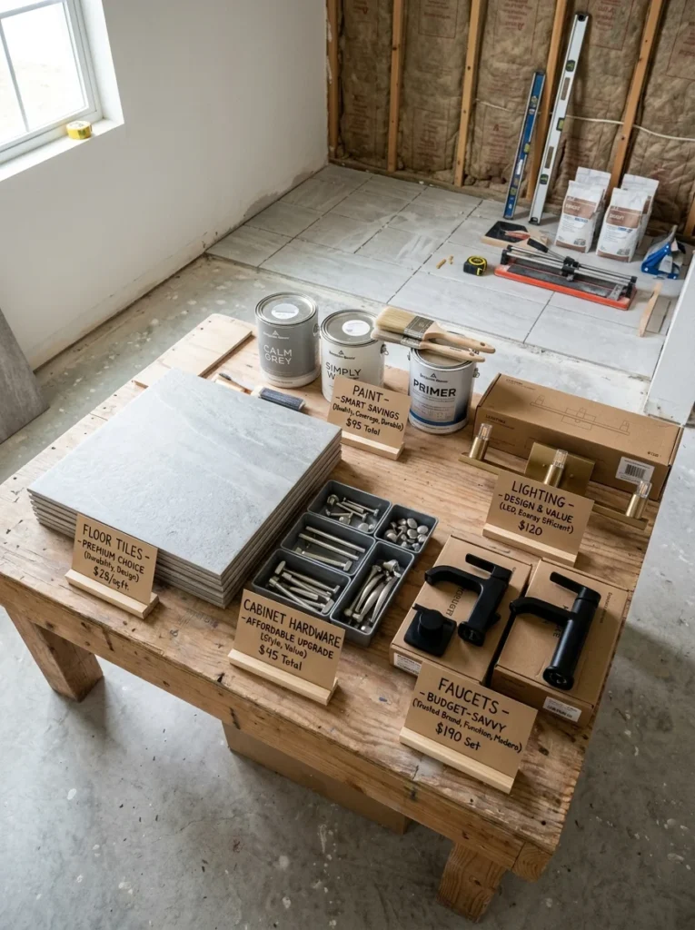 Bathroom renovation materials showing where to save and where to spend.