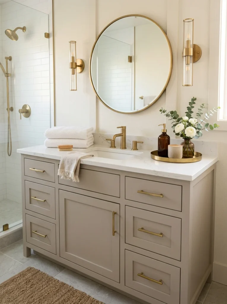 Refinished bathroom vanity with updated hardware and quartz countertop.