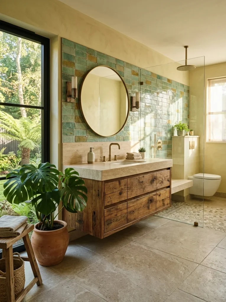 Bathroom featuring reclaimed wood, porcelain tile, and recycled materials.