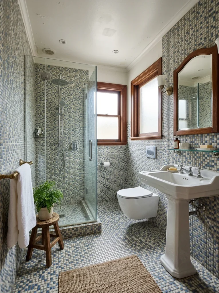 Bathroom with small mosaic wall and floor tiles illustrating a traditional design style.