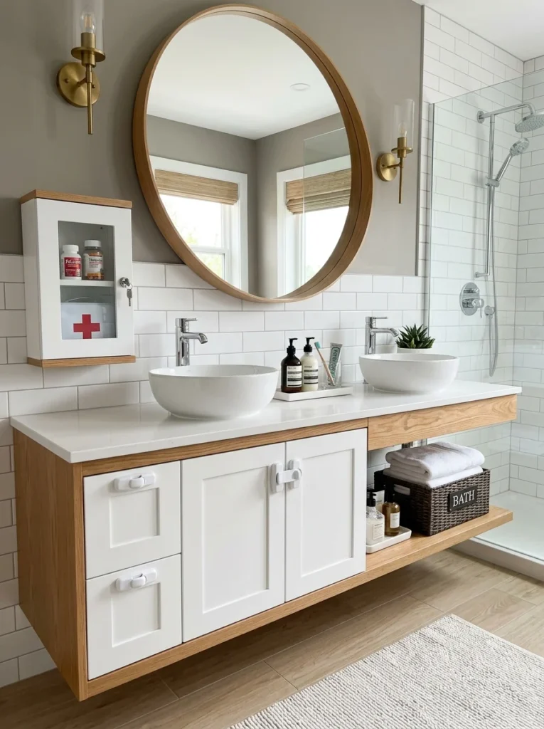 Bathroom vanity secured with childproof cabinet locks.