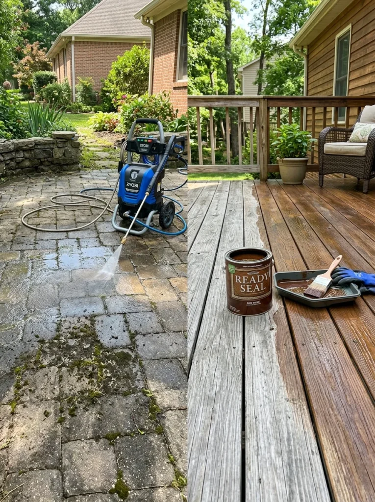 Cleaning a patio and maintaining a wooden deck.