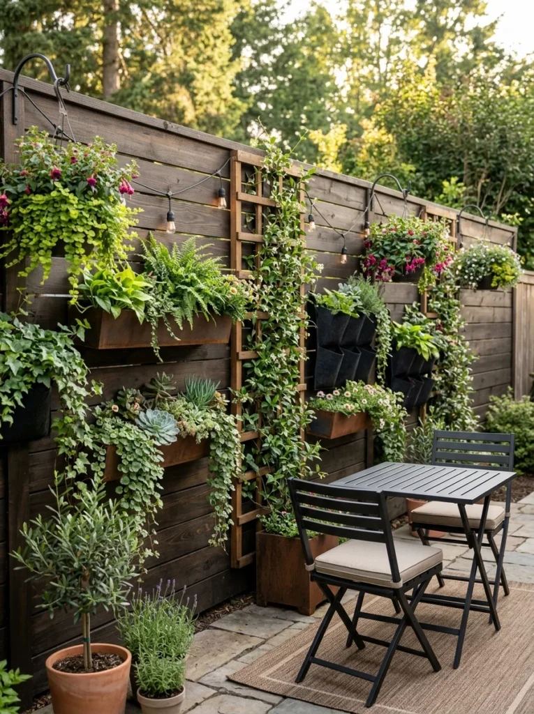Wall-mounted planters and climbing plants in a small backyard.