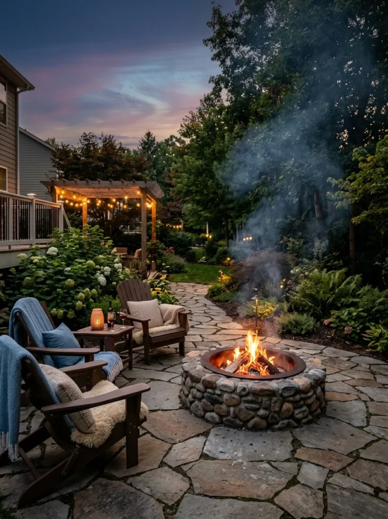 Backyard fire pit positioned to reduce smoke