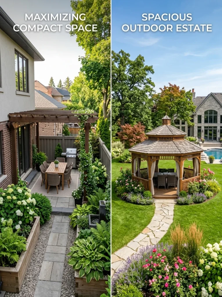 Small backyard with a pergola and large yard with a freestanding gazebo.