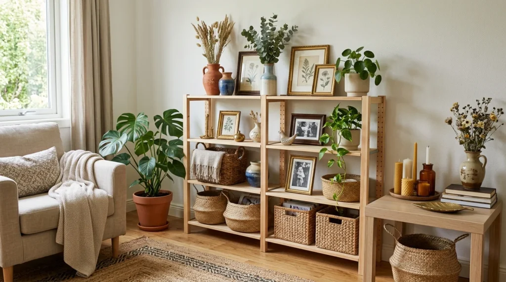Budget-friendly living room decor including thrifted accessories, indoor plants, and affordable furniture.