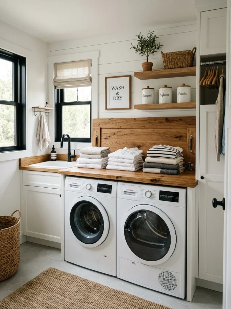 Compact laundry room with a practical folding countertop over washer and dryer.