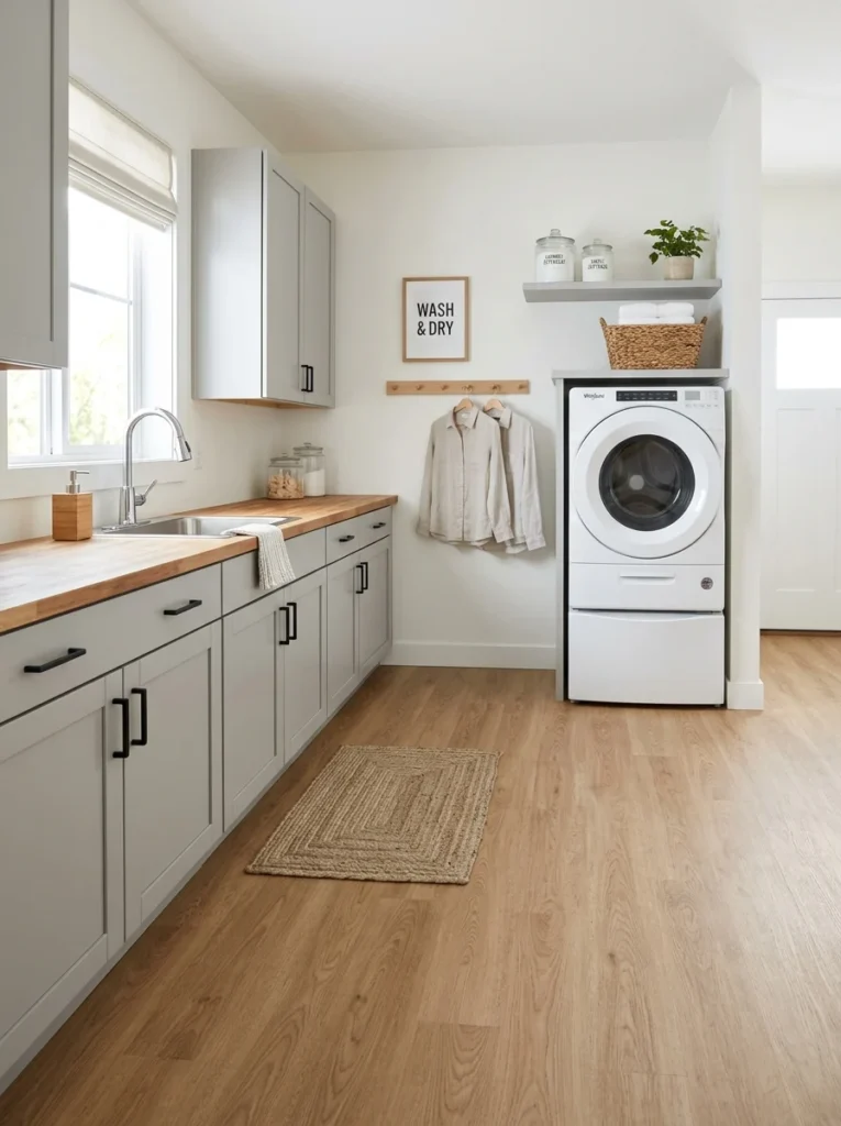 Seamless sheet vinyl flooring in a bright laundry room.