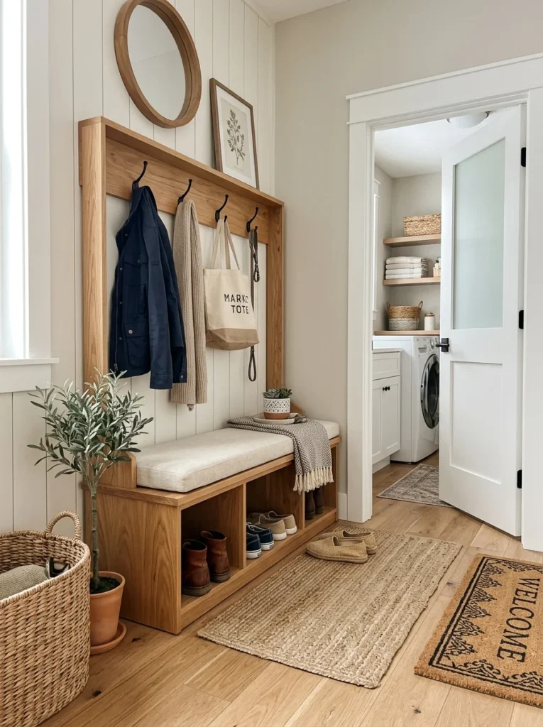 Wooden bench with shoe storage inside a modern laundry room mudroom combo.