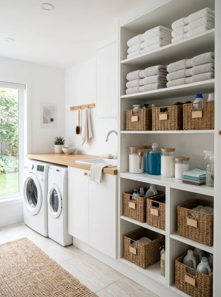 Decluttered laundry room with neatly organized storage solutions.