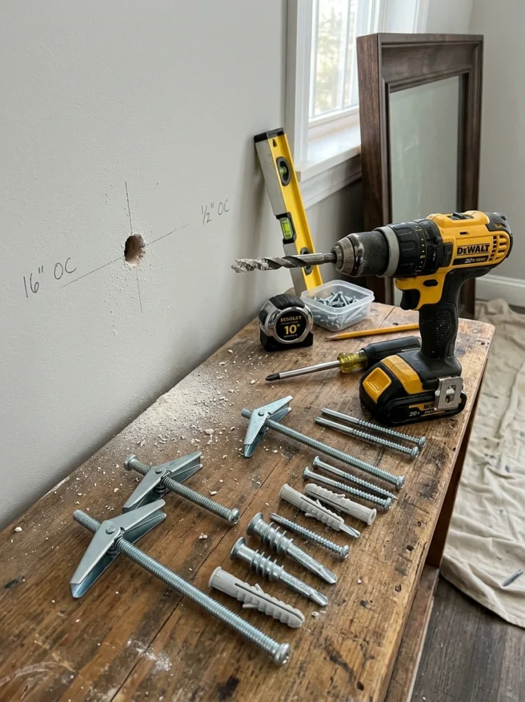 Heavy-duty drywall anchors and mounting hardware prepared for mirror installation.