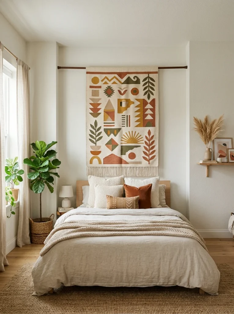 Fabric wall hanging installed with a tension rod in a rental apartment.