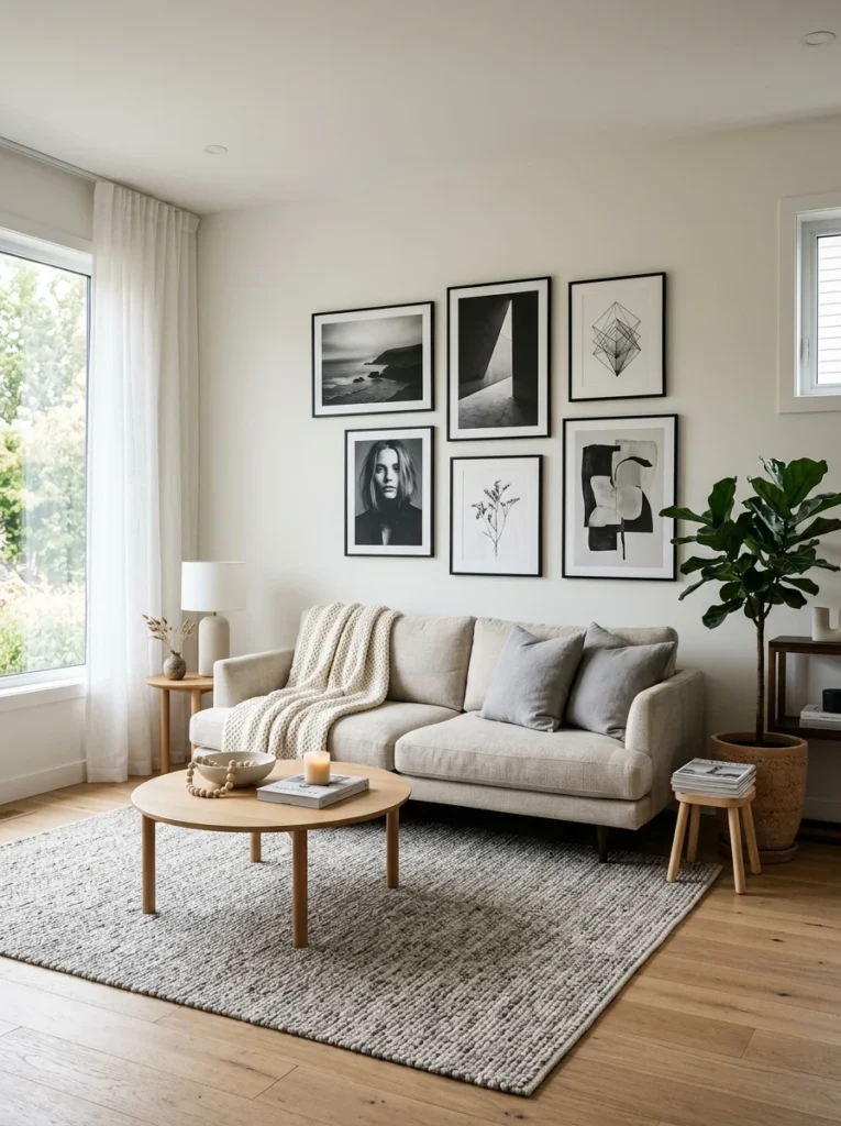 Minimalist living room decorated with black-and-white artwork for a timeless interior look.