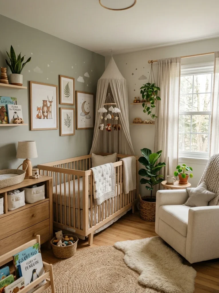 Gender-neutral nursery decorated with botanical artwork, woodland animals, stars, and natural decor.