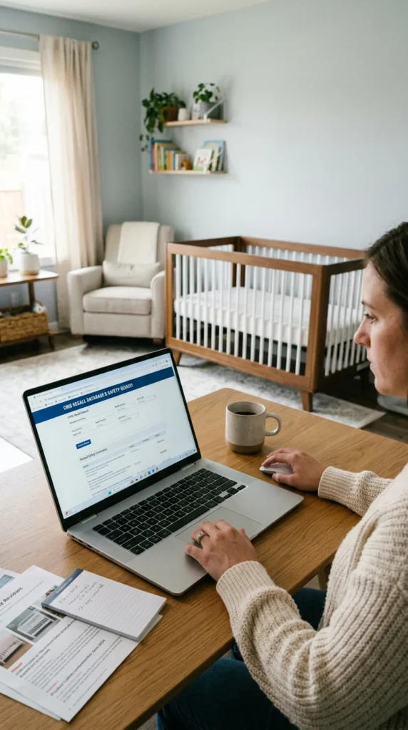 Parent researching baby crib recall history before purchase.