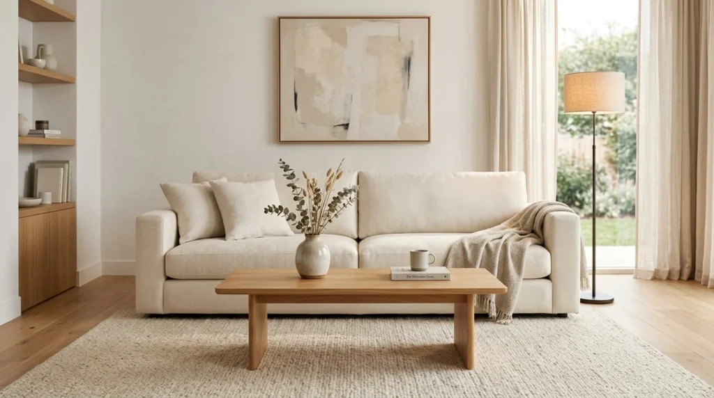 High-quality cream sofa styled in a minimalist living room.