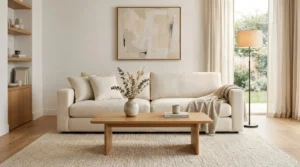 High-quality cream sofa styled in a minimalist living room.