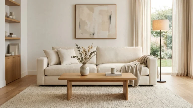 High-quality cream sofa styled in a minimalist living room.