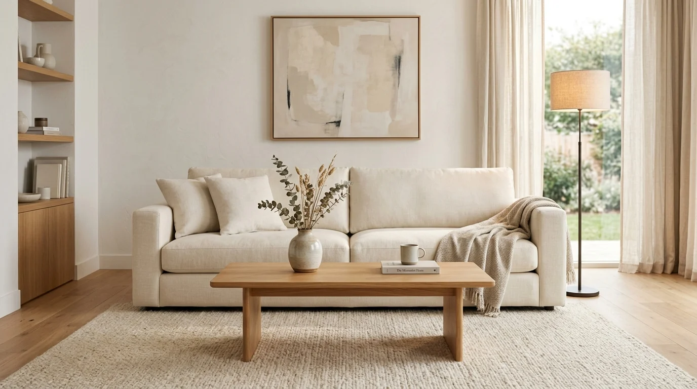 High-quality cream sofa styled in a minimalist living room.