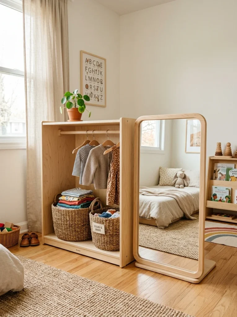 Low mirror helping toddlers practice dressing independently.