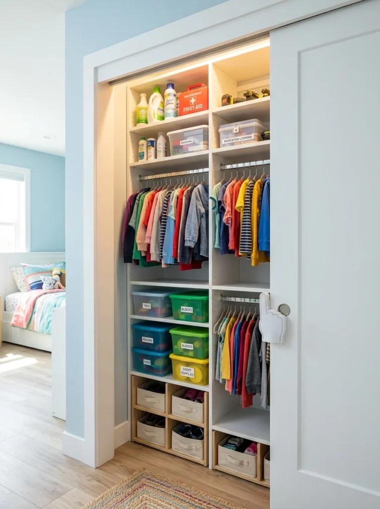 Childproof closet with safe storage and finger-pinch door guards.