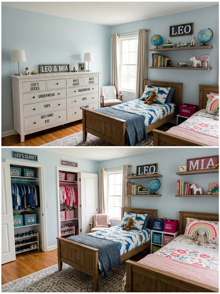 Organized shared bedroom with separate storage spaces for each sibling.
