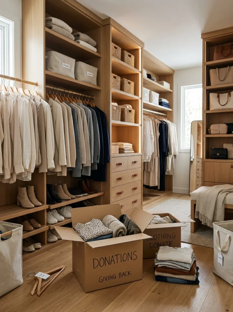 Organized closet with clothes sorted for donation.