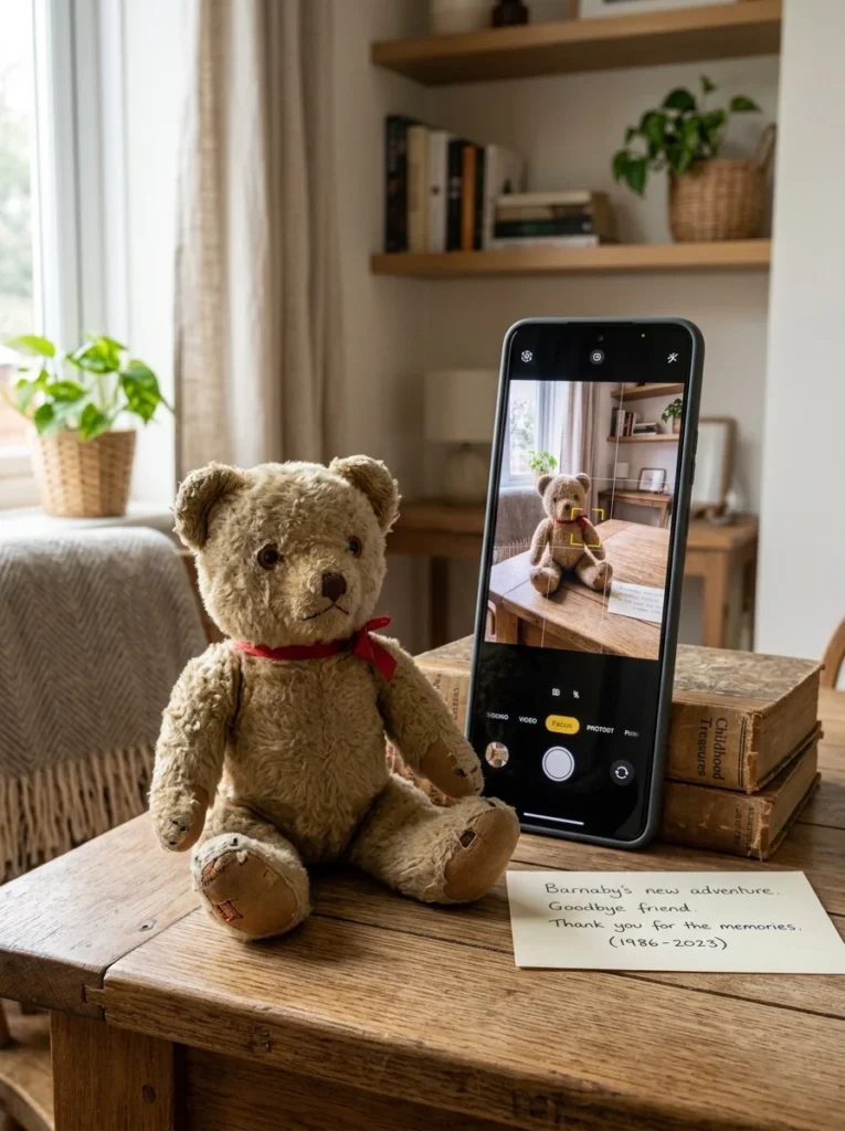 Smartphone photographing a sentimental keepsake before donating it.