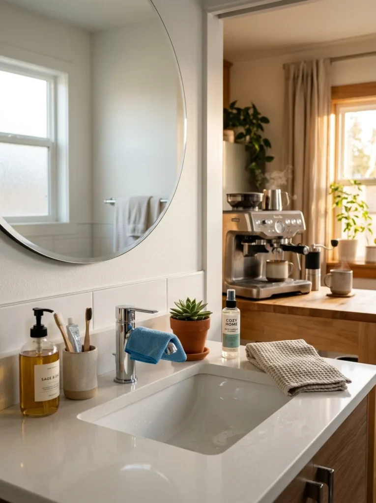 Person cleaning the bathroom during a morning routine.