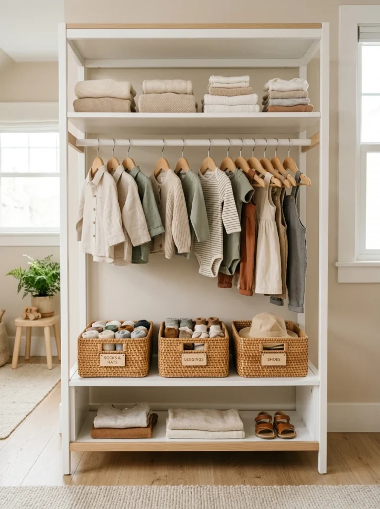 Organized children's closet with versatile minimalist clothing.