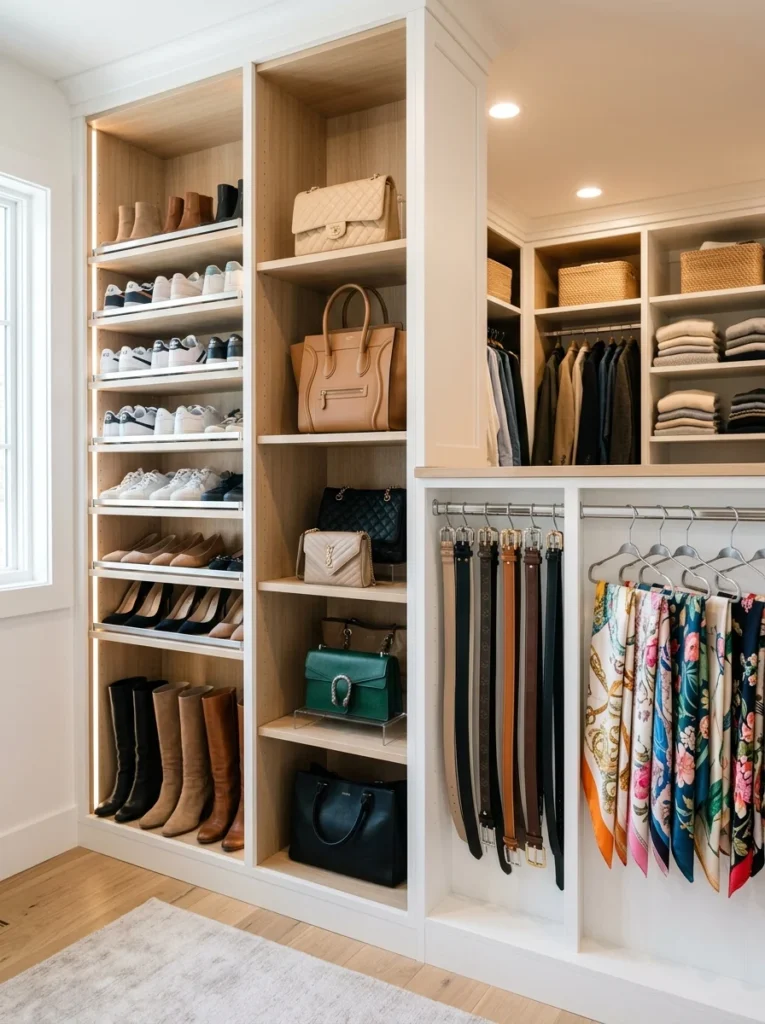 Organized shoes, bags, and accessories after decluttering.
