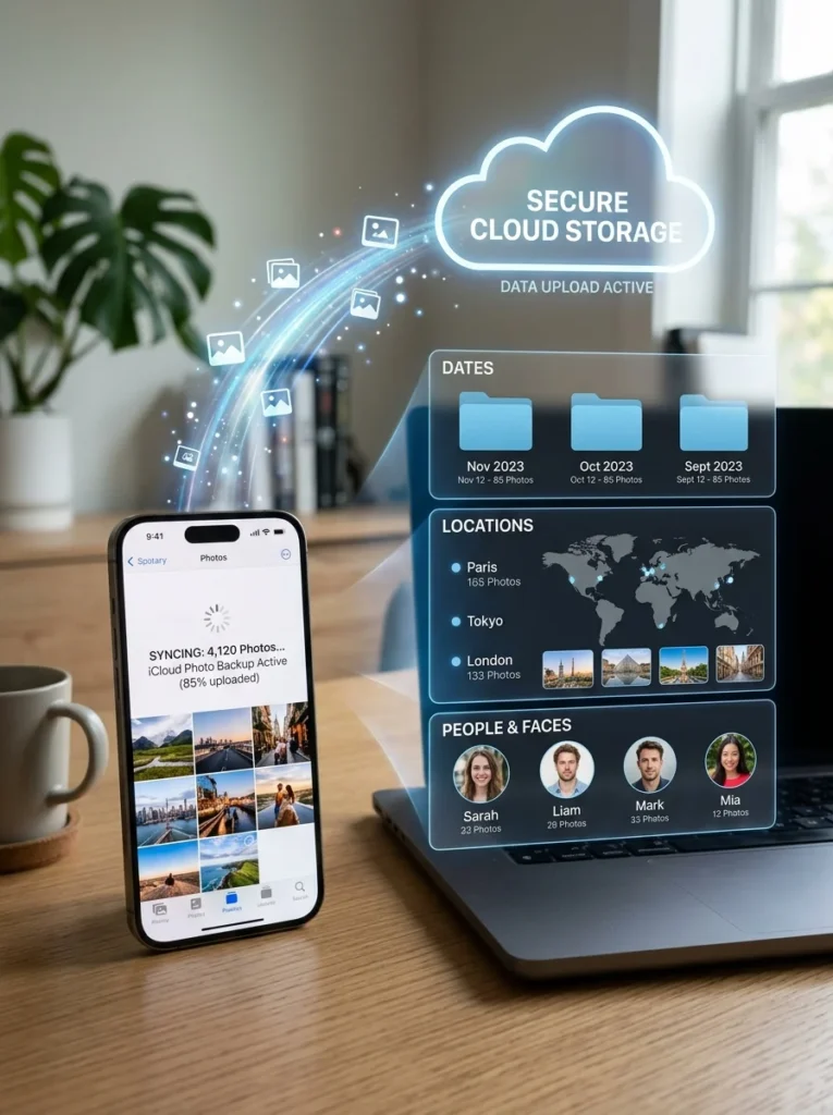 Smartphone automatically backing up and organizing photos in cloud storage.