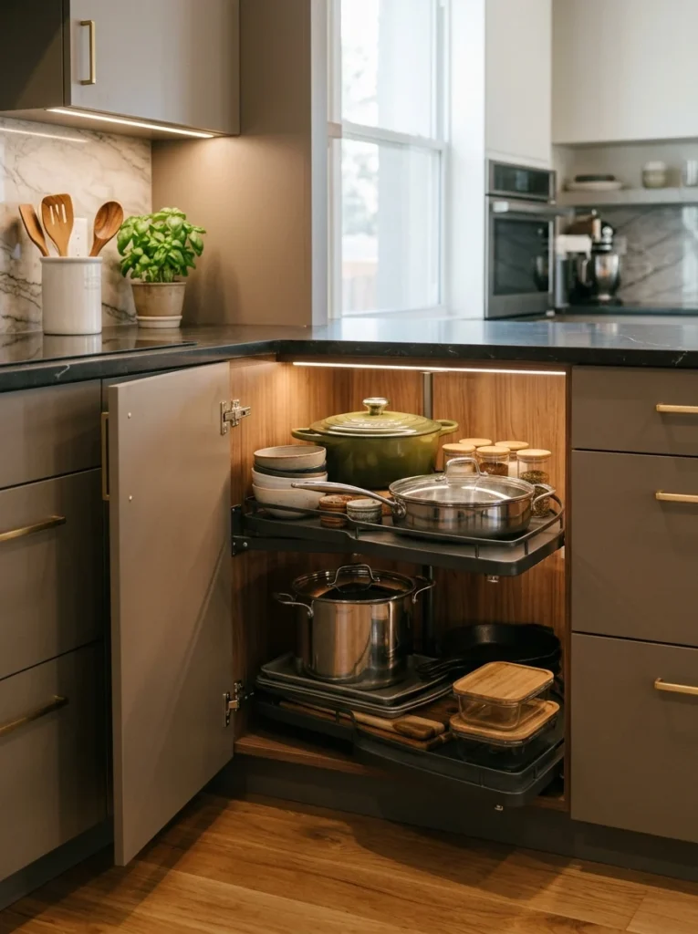 Corner kitchen cabinet with pull-out carousel storage maximizing unused cabinet space.