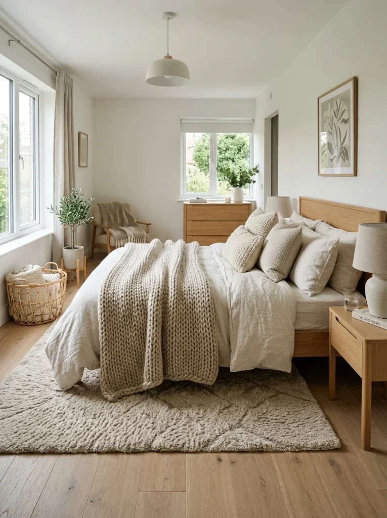 Bedroom with textured blankets, pillows, and rugs for added warmth and comfort.