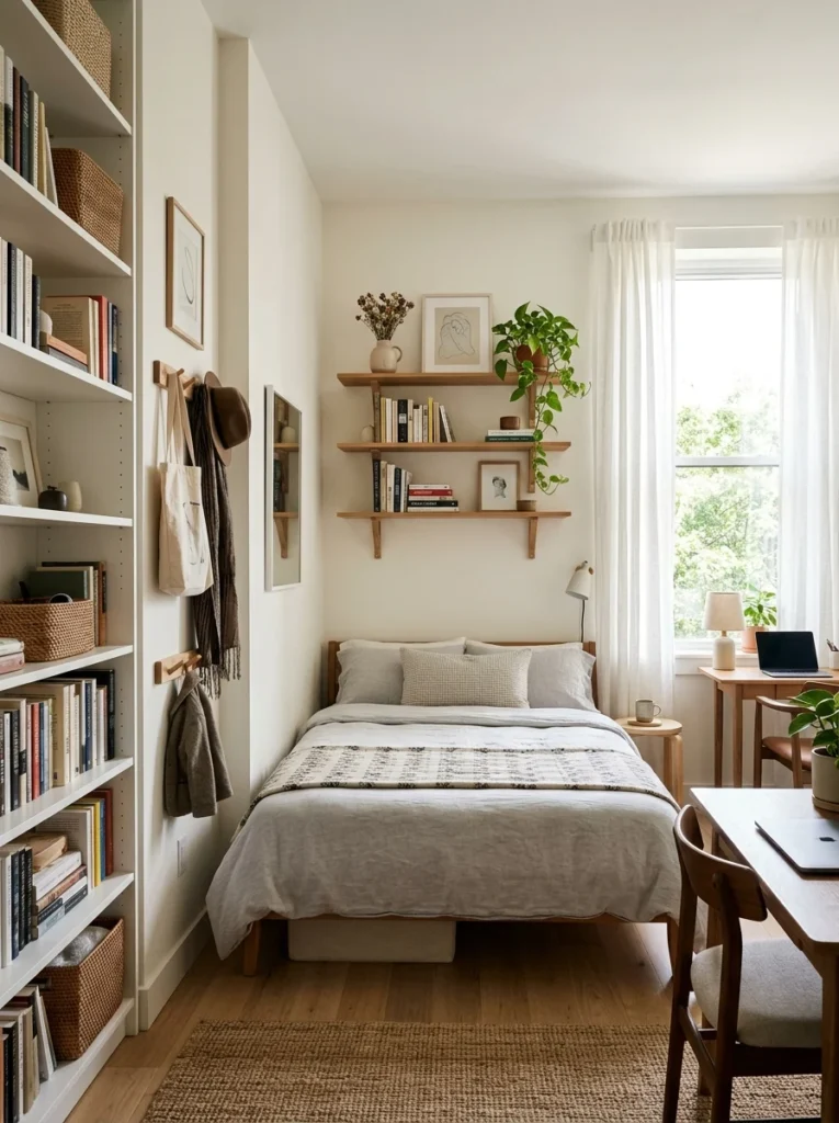 Small bedroom using tall shelves and wall storage to maximize vertical space.